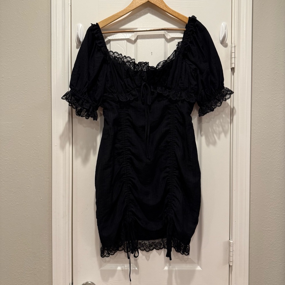 Ruched Mini Dress Women’s L Black Milkmaid Lace Drawstring Goth Dark Feminine - Picture 2 of 13